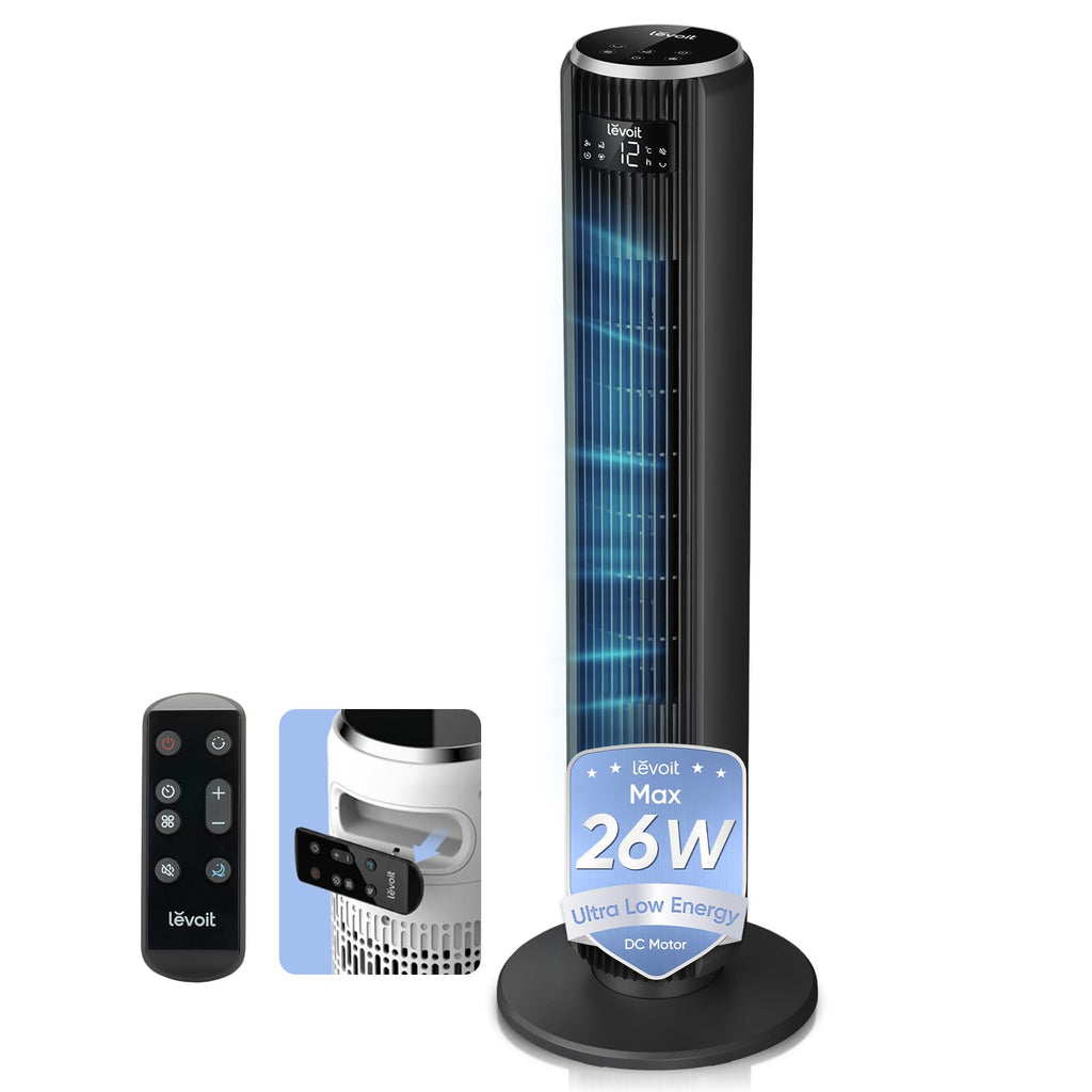 Levoit LTF-F362 DC Tower Fan - 20dB Ultra-Quiet, 12-Speed, Sleep Mode, White & Black