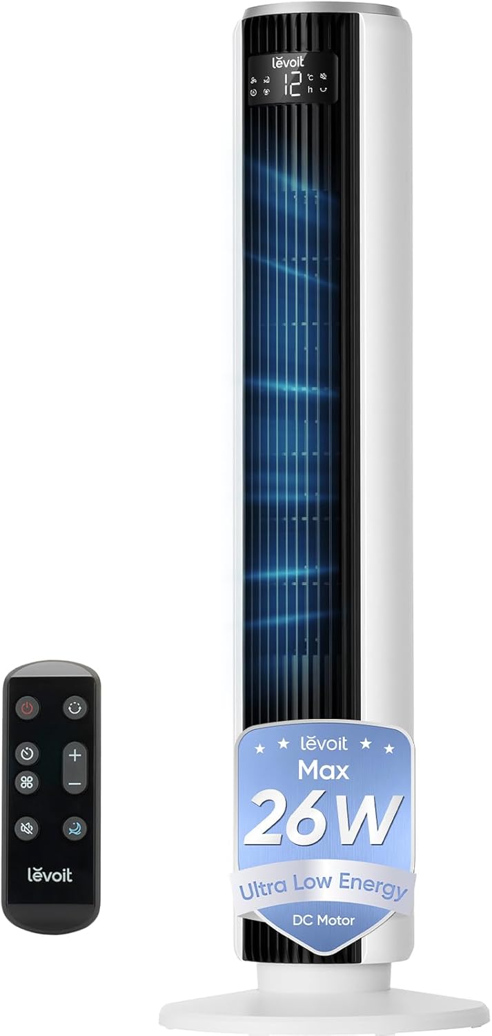 Levoit LTF-F362 DC Tower Fan - 20dB Ultra-Quiet, 12-Speed, Sleep Mode, White & Black