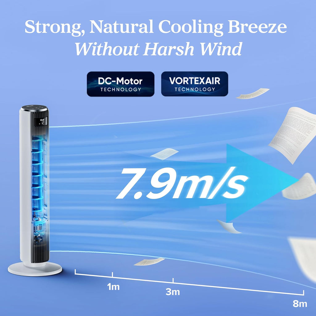 Levoit LTF-F362 DC Tower Fan - 20dB Ultra-Quiet, 12-Speed, Sleep Mode, White & Black