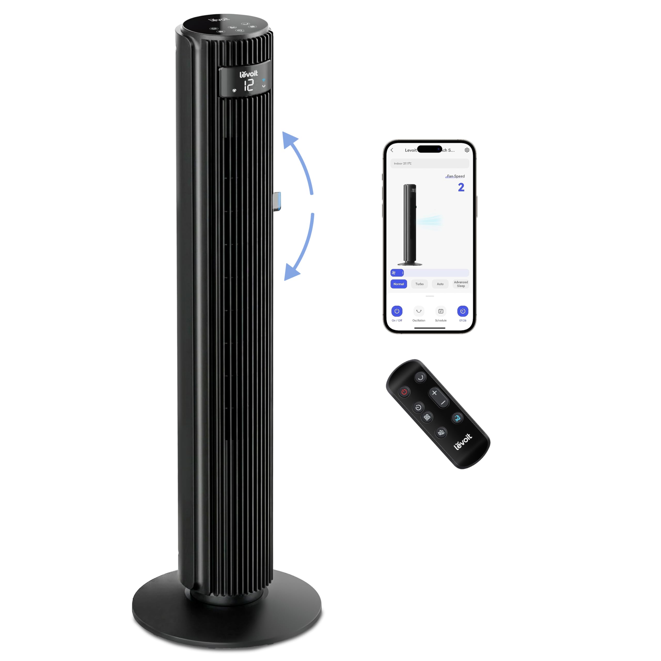 Levoit LTF-F362 DC Tower Fan - 20dB Ultra-Quiet, 12-Speed, Sleep Mode, White & Black