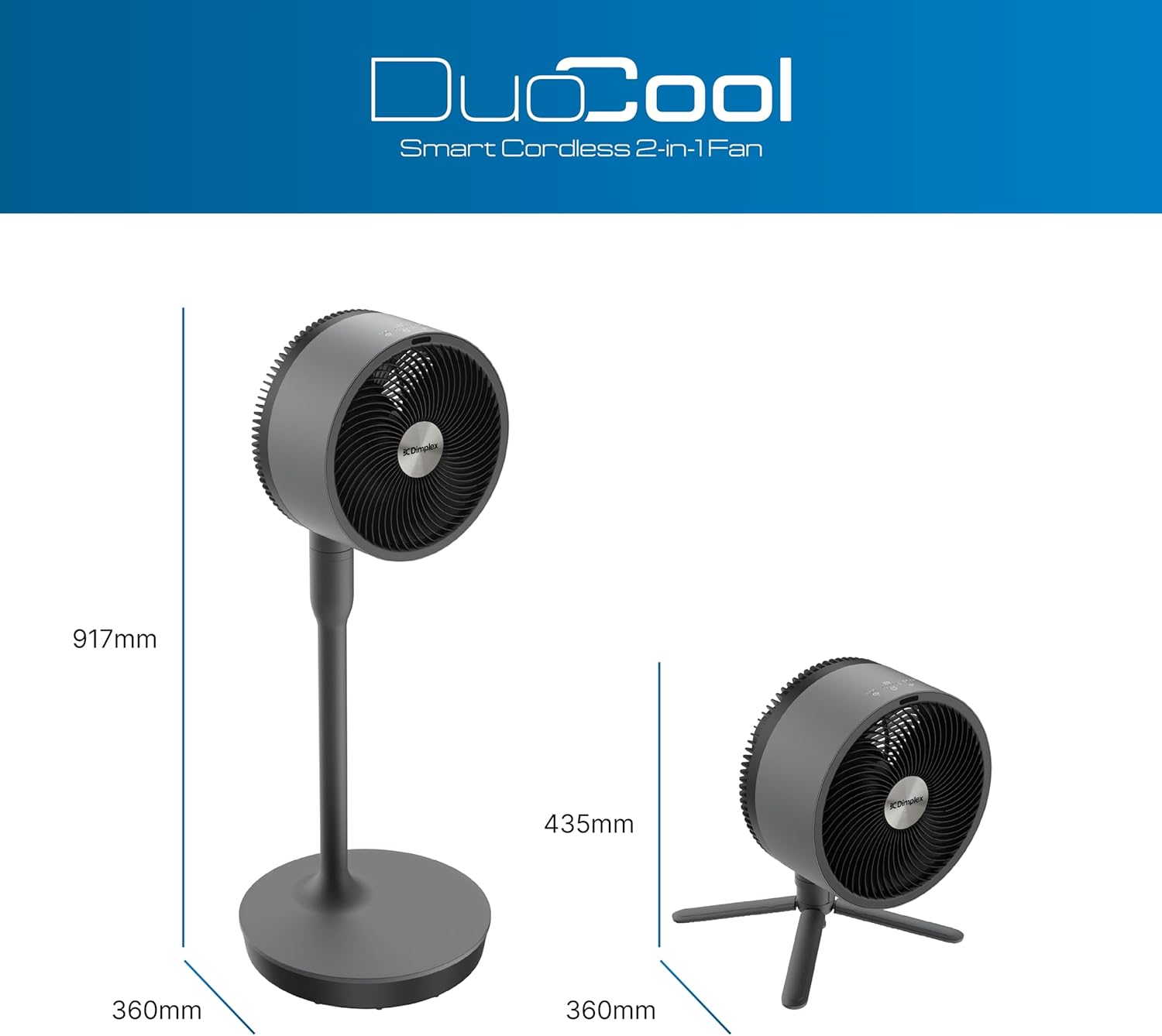 Dimplex DuoCool Cordless Floor & Desk Fan - WiFi Smart App Control, 45H Battery, Quiet 36dB, Graphite