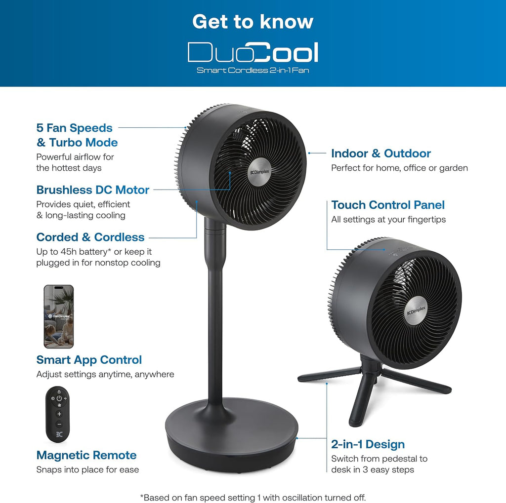 Dimplex DuoCool Cordless Floor & Desk Fan - WiFi Smart App Control, 45H Battery, Quiet 36dB, Graphite