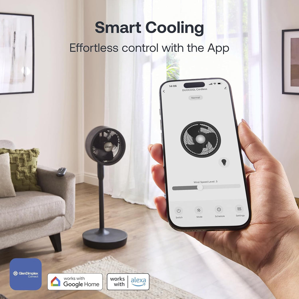Dimplex DuoCool Cordless Floor & Desk Fan - WiFi Smart App Control, 45H Battery, Quiet 36dB, Graphite