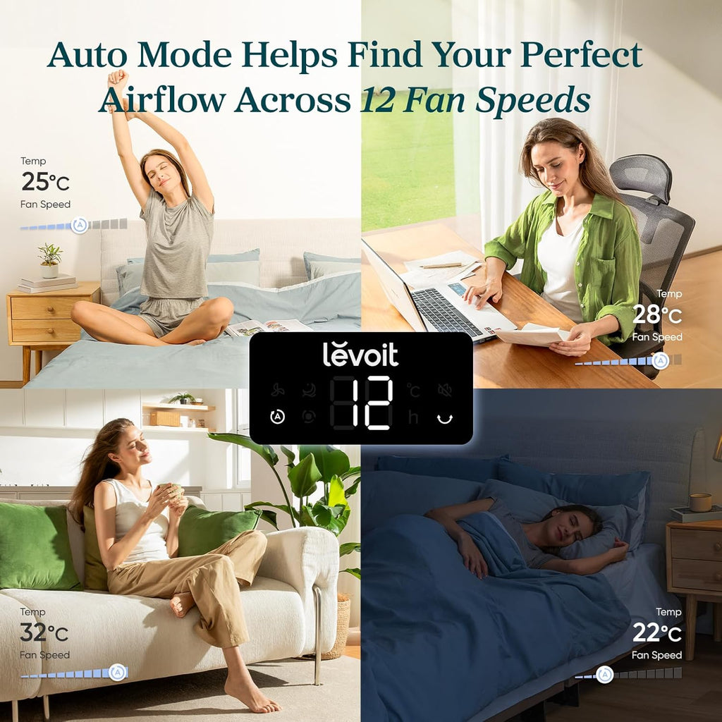 Levoit LTF-F362 DC Tower Fan - 20dB Ultra-Quiet, 12-Speed, Sleep Mode, White & Black
