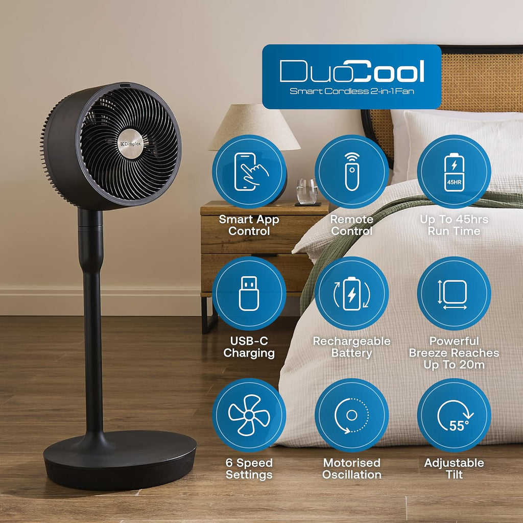 Dimplex DuoCool Cordless Floor & Desk Fan - WiFi Smart App Control, 45H Battery, Quiet 36dB, Graphite